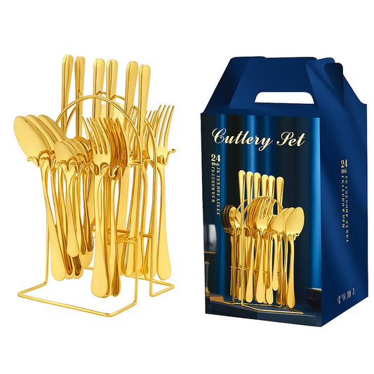 Set Tacâmuri 24 Piese din Oțel Inoxidabil – Design Elegant, Auriu, cu Cutie Cadou