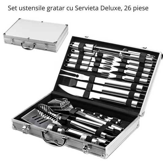 Set Ustensile Gratar 26 Piese Cu Servieta Deluxe Din Aluminiu Inox Profesional