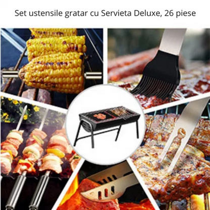 Set Ustensile Gratar 26 Piese Cu Servieta Deluxe Din Aluminiu Inox Profesional