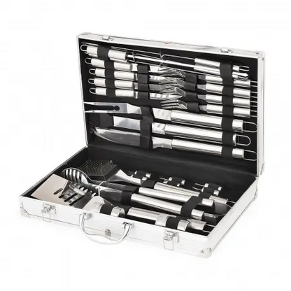 Set Ustensile Gratar 26 Piese Cu Servieta Deluxe Din Aluminiu Inox Profesional
