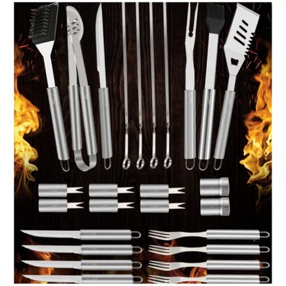 Set Ustensile Gratar 26 Piese Cu Servieta Deluxe Din Aluminiu Inox Profesional