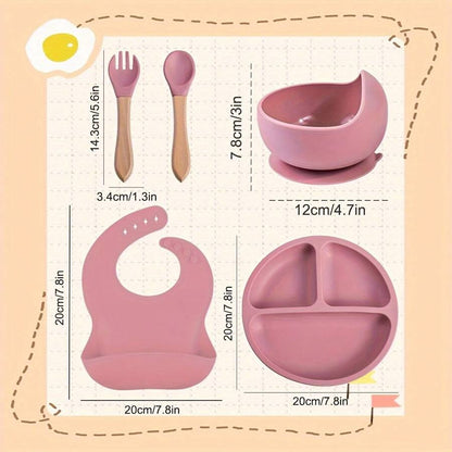 Set Silicon Bebelusi 6 Piese, Farfurie, Bol, Baveta, Tacamuri Lemn, Cana cu Pai, BPA Free