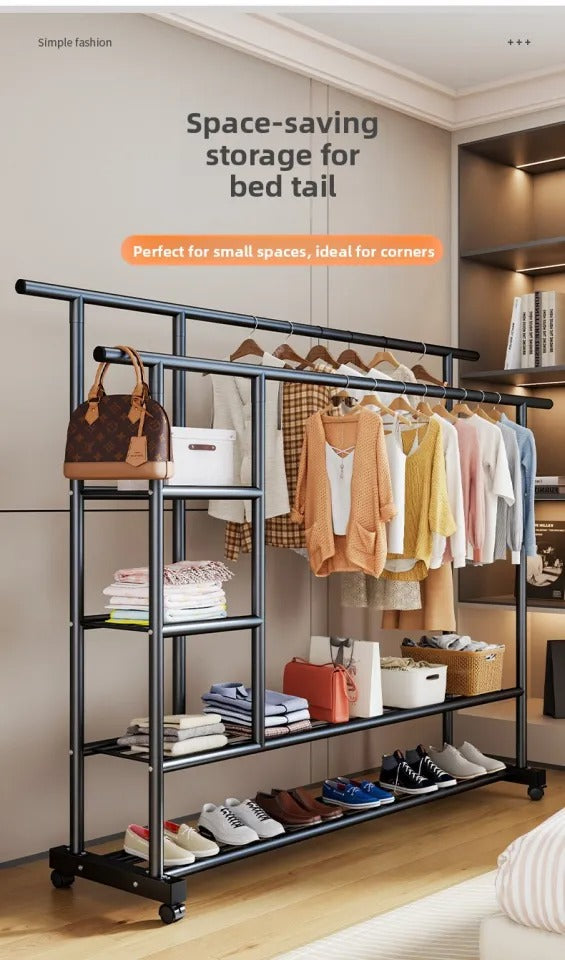 Suport Haine Metalic cu Roti si Rafturi 150 cm