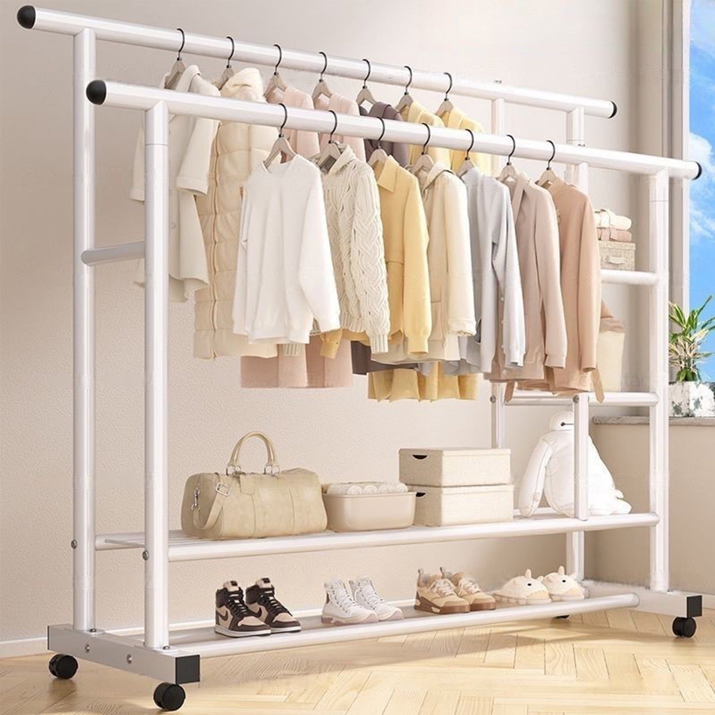 Suport Haine Metalic Multifunctional cu Rafturi 150x40x150 cm