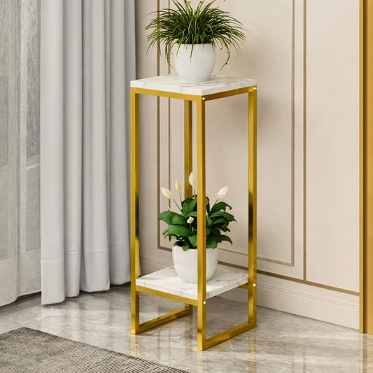 Suport ornamente - flori 2 niveluri metal auriu blat tip marmura 75x30 cm