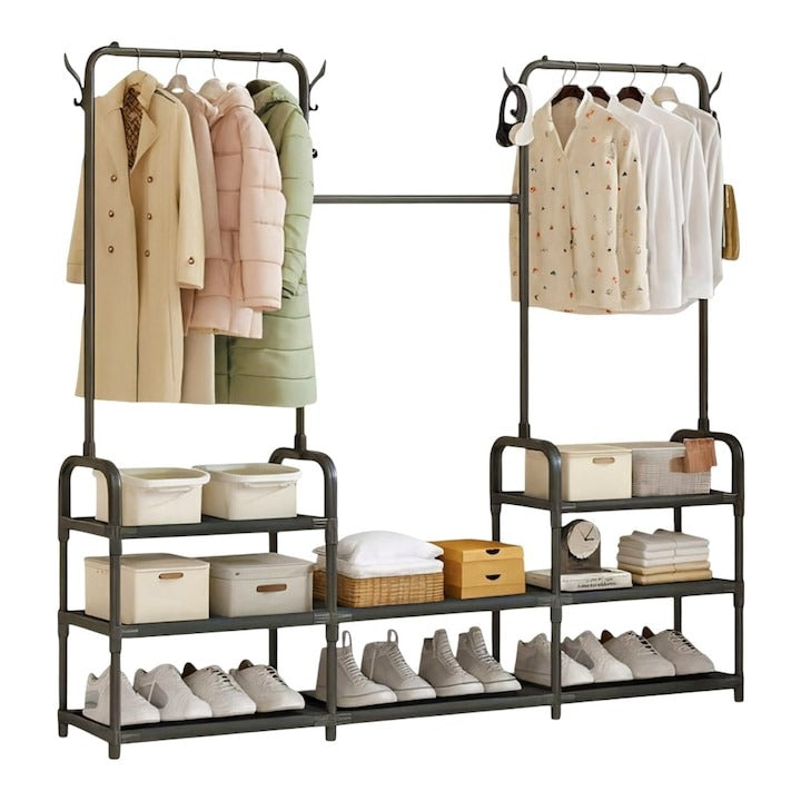 Suport Haine Suspendat Metalic cu Poliță Pantofi și Cârlige Laterale, 164x137x26 cm, Negru