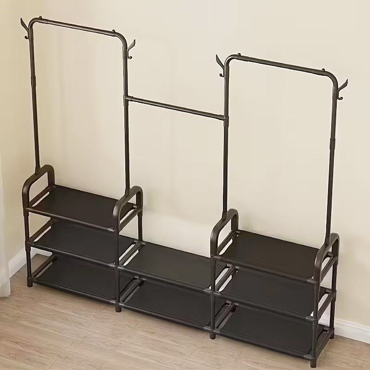 Suport Haine Suspendat Metalic cu Poliță Pantofi și Cârlige Laterale, 164x137x26 cm, Negru