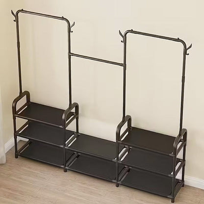 Suport Haine Suspendat Metalic cu Poliță Pantofi și Cârlige Laterale, 164x137x26 cm, Negru