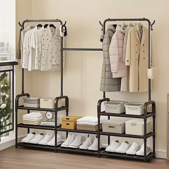 Suport Haine Suspendat Metalic cu Poliță Pantofi și Cârlige Laterale, 164x137x26 cm, Negru