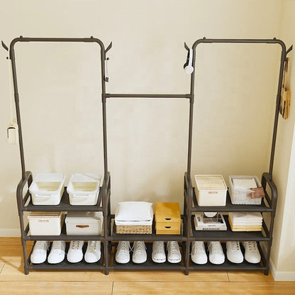 Suport Haine Suspendat Metalic cu Poliță Pantofi și Cârlige Laterale, 164x137x26 cm, Negru