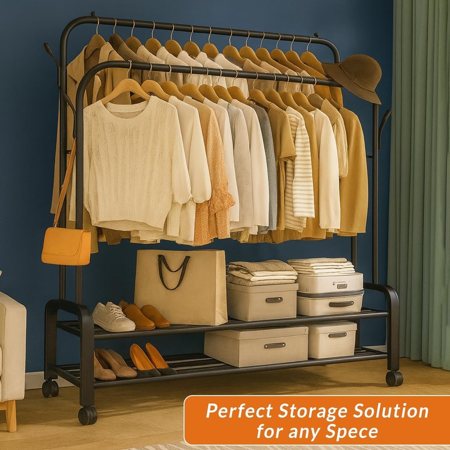 Suport Umerașe/Portant Haine Dublu cu Rafturi și Roți – Organizator Metalic 109×57×160 cm, Negru