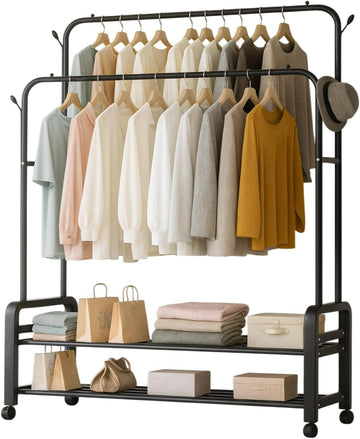 Suport Umerașe/Portant Haine Dublu cu Rafturi și Roți – Organizator Metalic 109×57×160 cm, Negru