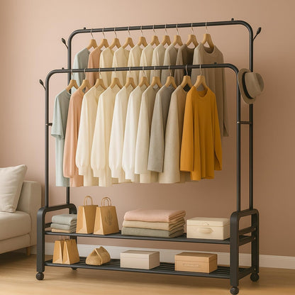 Suport Umerașe/Portant Haine Dublu cu Rafturi și Roți – Organizator Metalic 109×57×160 cm, Negru