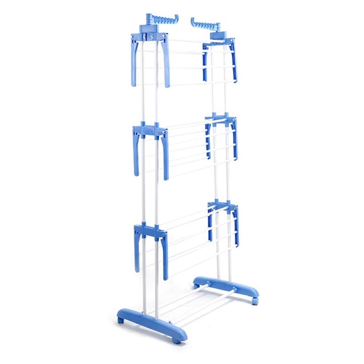 Suport/Uscător Rufe 3 Niveluri cu Roți și Blocare, Pliabil, 20kg, Albastru