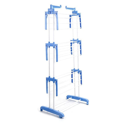 Suport/Uscător Rufe 3 Niveluri cu Roți și Blocare, Pliabil, 20kg, Albastru