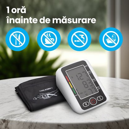 Tensiometru electronic pentru brat - Inregistrare 198 Valori, Control Vocal, Alb/Negru