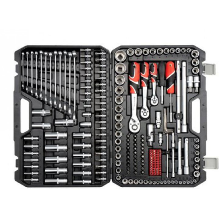 Trusă Chei Tubulare & Chei Fixe 216 Piese din Oțel Cr-V – Profesională, Completă, cu Clichet