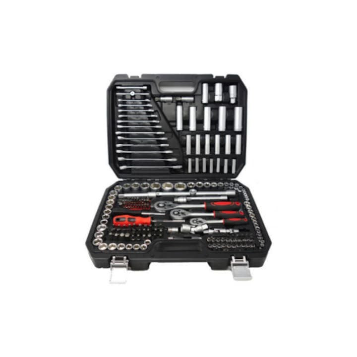 Trusă Chei Tubulare & Chei Fixe 216 Piese din Oțel Cr-V – Profesională, Completă, cu Clichet