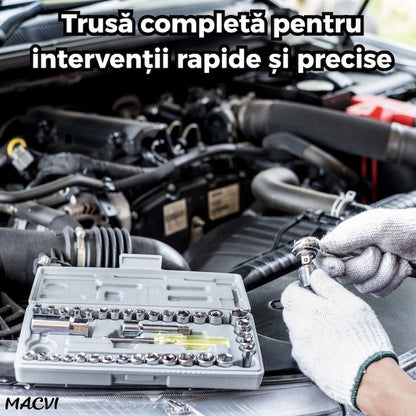 Trusă Scule 40 Piese Cr-V cu Clichet, Capete Tubulare Metrice & SAE, Adaptor și Prelungitor