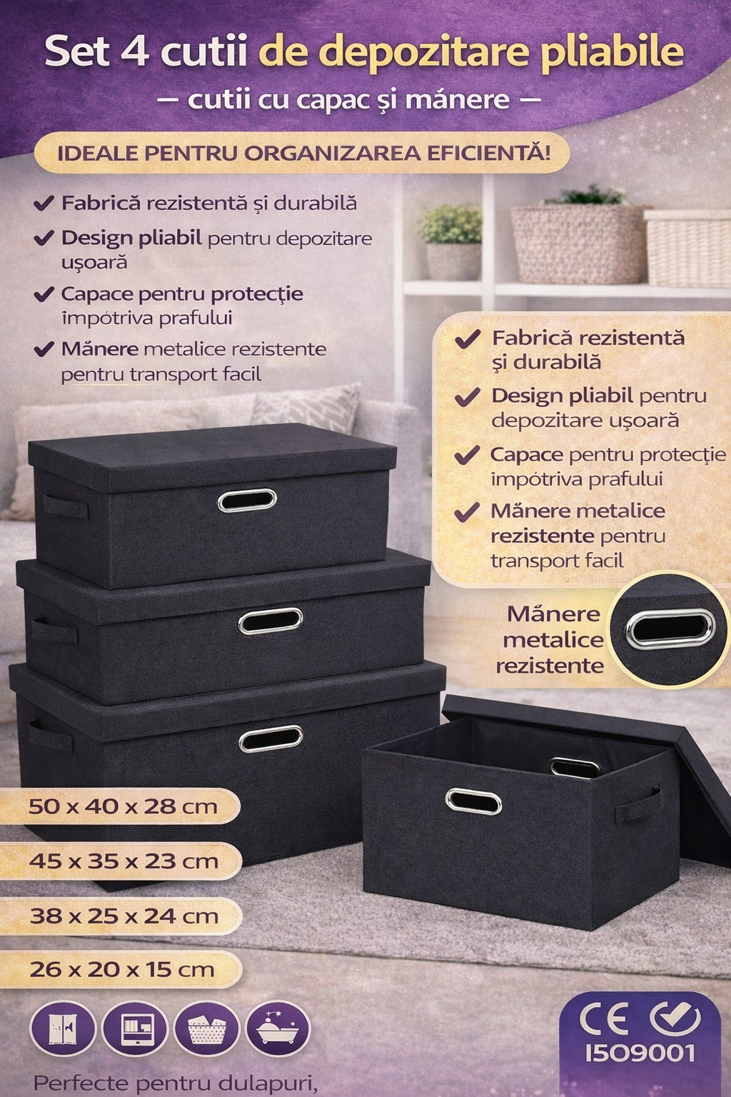 Set 4 cutii depozitare pliabile cu capac si manere organizare haine negru gri