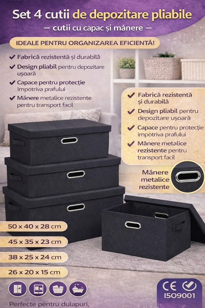 Set 4 cutii depozitare pliabile cu capac si manere organizare haine negru gri