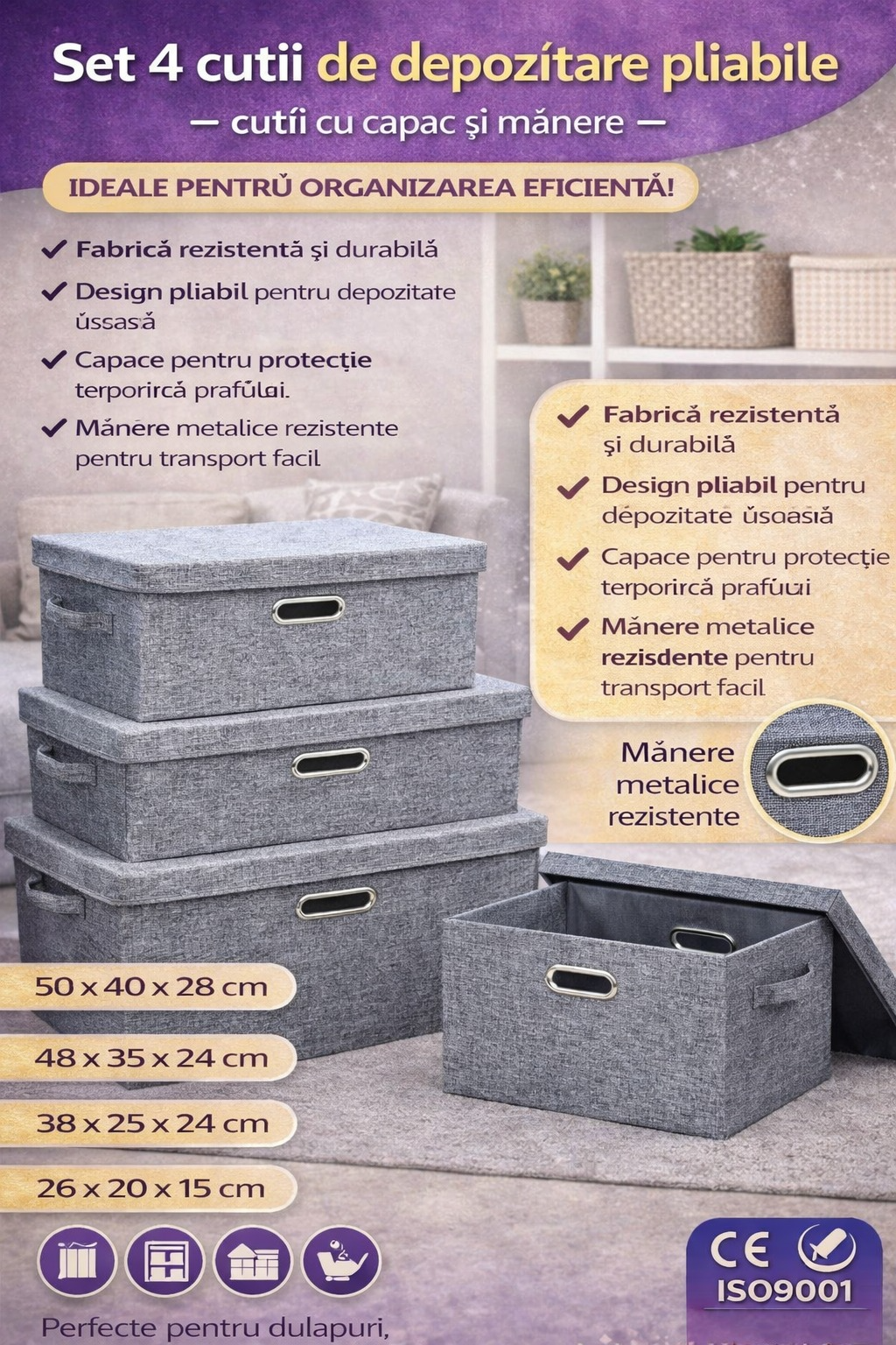 Set 4 cutii depozitare pliabile cu capac si manere organizare haine negru gri